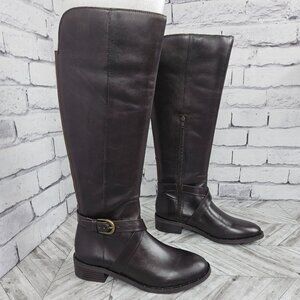 INC Womens Fadora Tall Dark Brown Leather Riding Boots 7.5M Side Zipper Buckle S
